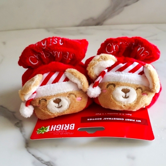Make the Season Bright My First Christmas Booties w Striped Hat Bear 0-6 MOS - Picture 1 of 6